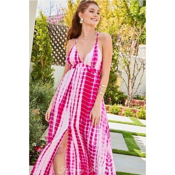 Main Strip Tie Dye Maxi Dress Spaghetti Strap Center Slit NWT - Picture 2 of 9